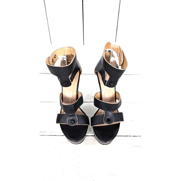 Black leather high heel platform open toe ankle strap heels - Picture 2 of 9